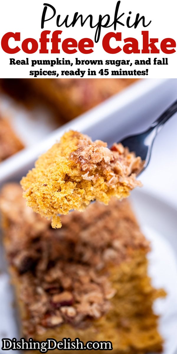 Pinterest pin with a fork lifting a piece of coffee cake up from a plate.