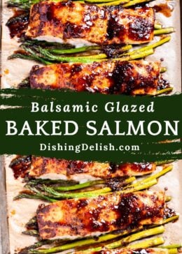 Pinterest pin with a sheet pan lined with parchment paper with four salmon fillets resting on top of asparagus, topped with a balsamic reduction.