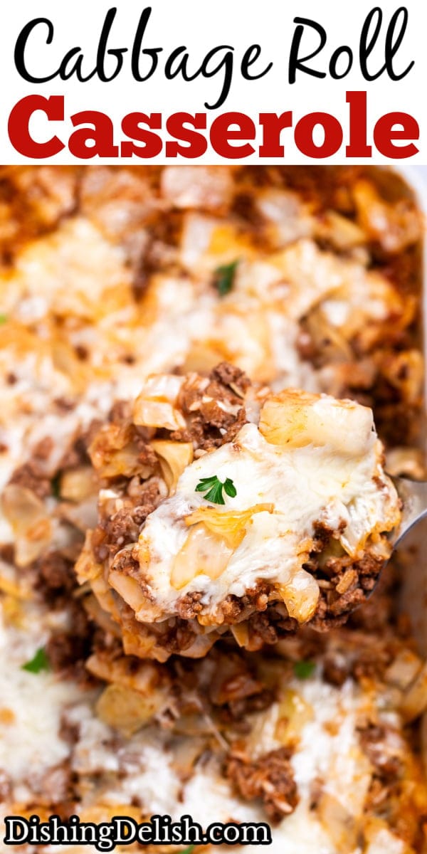 Pinterest pin with a spatula lifting some cabbage roll casserole out of a baking dish, topped with fresh parsley.