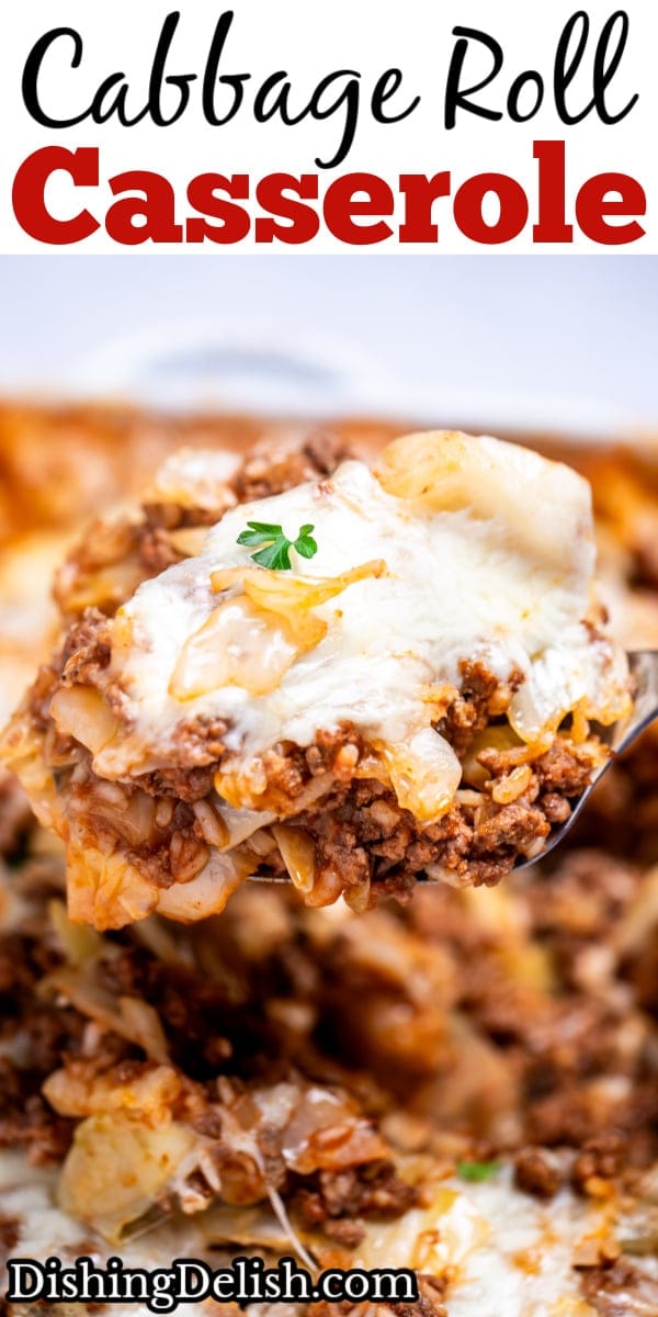 Pinterest pin with a spatula lifting some cabbage roll casserole out of a baking dish, topped with fresh parsley.