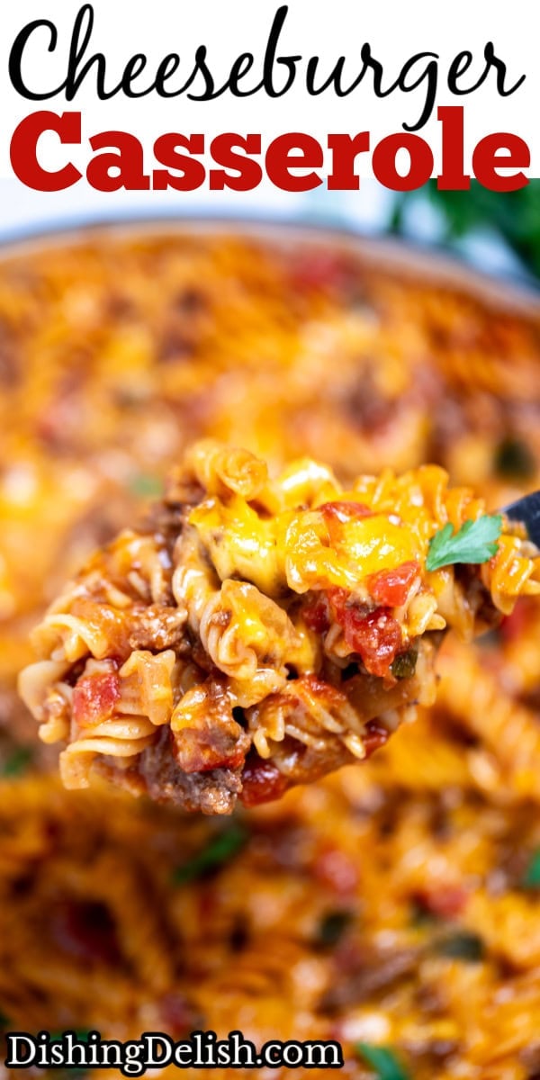 Pinterest pin with a spoon lifting cheeseburger casserole out of a skillet, topped with fresh parsley.