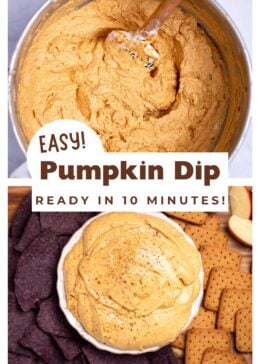 Pinterest pin with the top photo as a mixing bowl with pumpkin dip and a spatula, and the bottom photo with a bowl full of pumpkin pie dip resting on a cutting board, surrounded by gluten free graham crackers, apple slices, and blue corn chips.