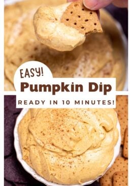 Pinterest pin with the top photo of a hand dipping a graham cracker in the pumpkin dip, and the bottom photo with a bowl full of pumpkin pie dip resting on a cutting board, surrounded by gluten free graham crackers and blue corn chips.