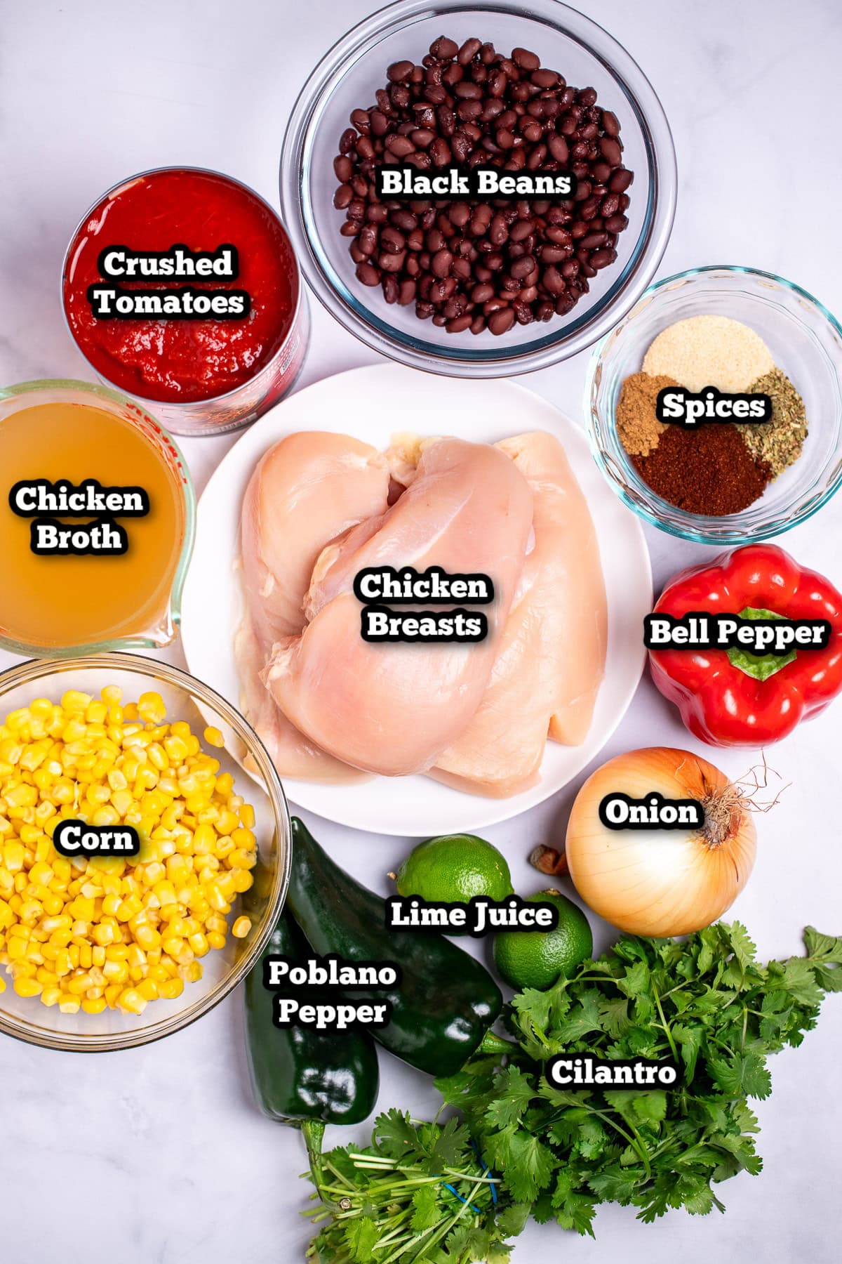 Individual ingredients for slow cooker chicken tortilla soup on a table.
