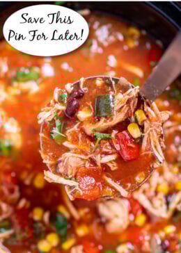 Pinterest pin with a slow cooker with chicken tortilla soup topped with fresh cilantro, with a ladle lifting some soup up.
