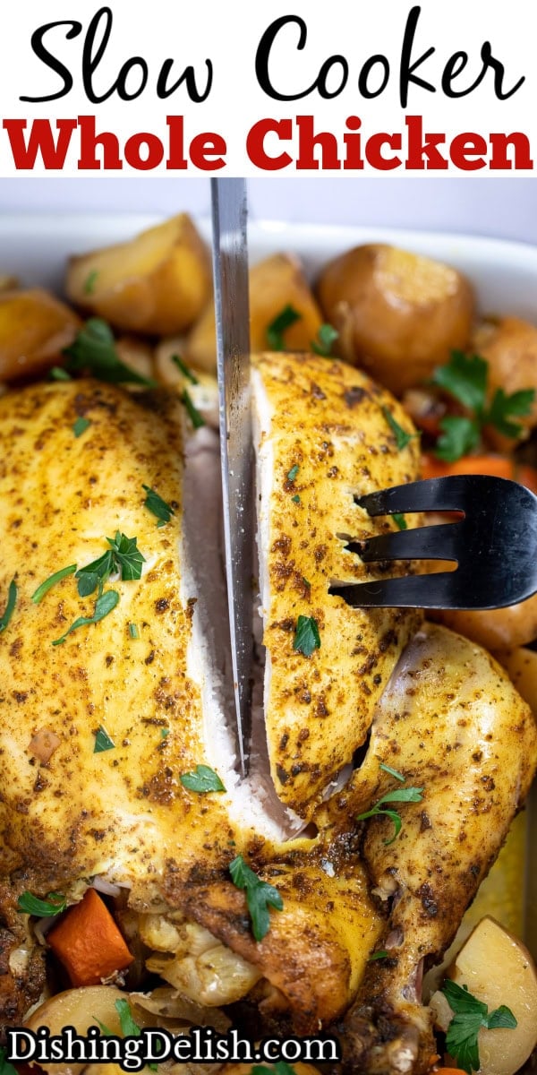 Pinterest pin with a knife and fork holding a chicken breast up after carving it from a whole chicken.