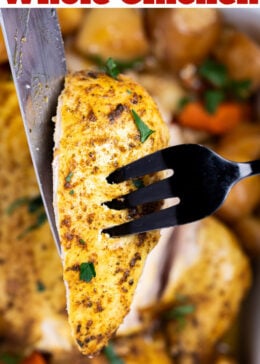 Pinterest pin with a knife and fork holding a chicken breast up after carving it from a whole chicken.