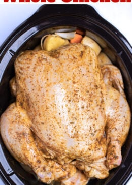 Pinterest pin with a raw seasoned chicken in a slow cooker before being cooked.