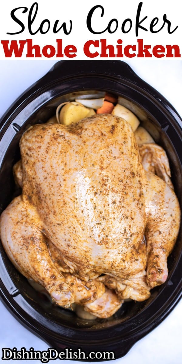 Pinterest pin with a raw seasoned chicken in a slow cooker before being cooked.