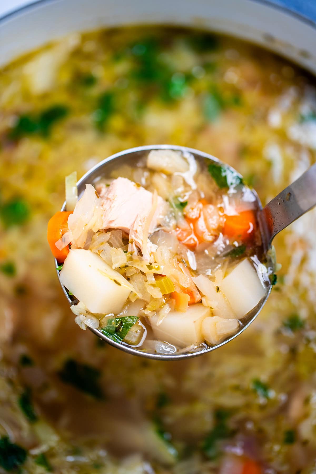 A ladle lifting up leftover turkey soup above a dutch oven. 