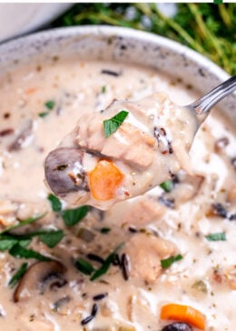A bowl of turkey wild rice soup with a spoon lifting some out of the bowl.