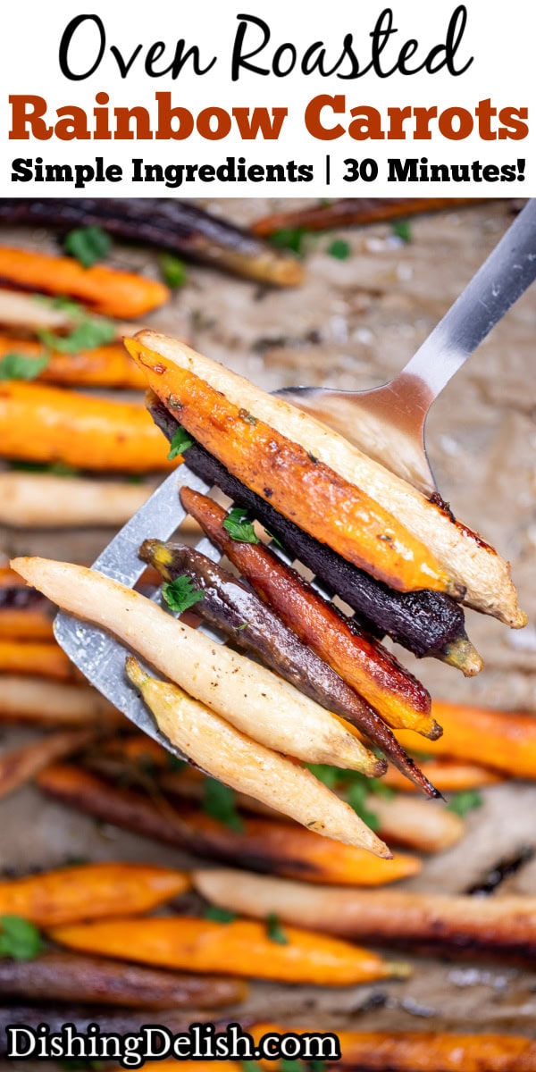 Pinterest pin with a spatula lifting roasted rainbow carrots from a sheet pan lined with parchment paper.