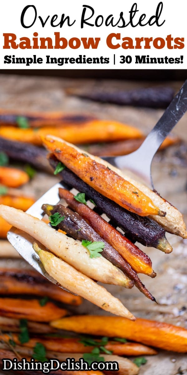 Pinterest pin with a spatula lifting roasted rainbow carrots from a sheet pan lined with parchment paper.