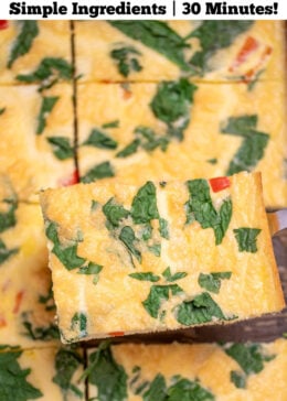 Pinterest pin with a sheet pan with fully cooked eggs with spinach and bell pepper, cut into pieces, with a spatula lifting a piece up.