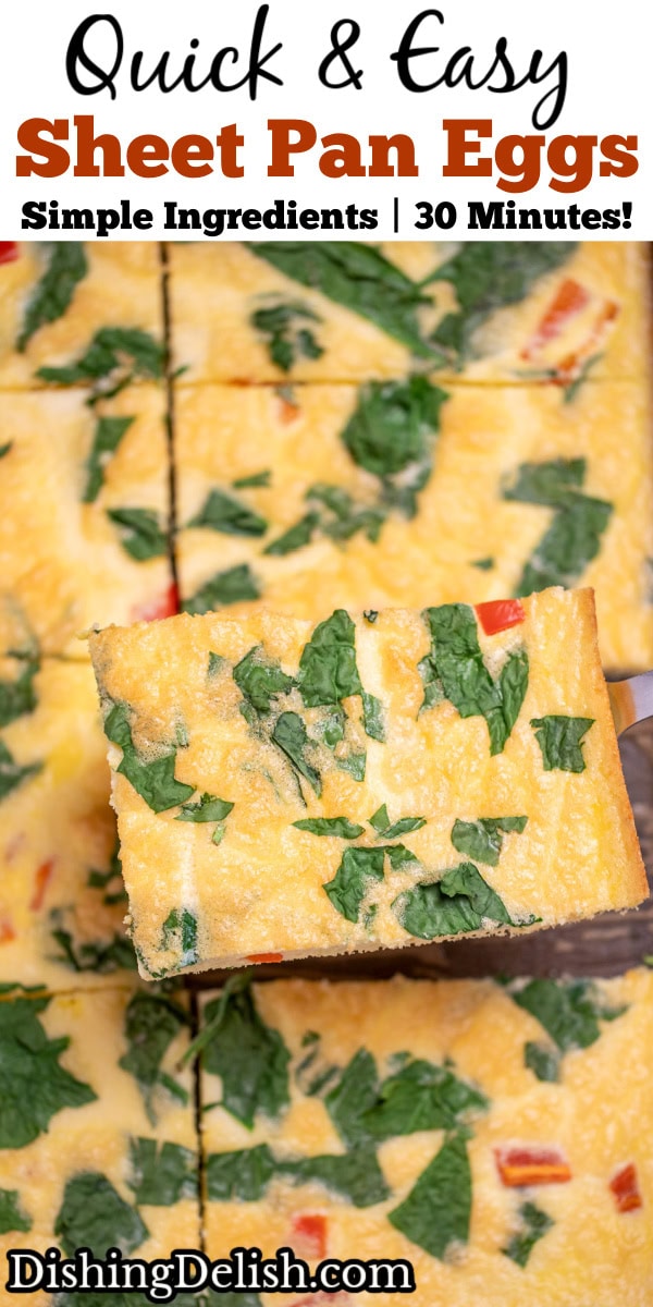 Pinterest pin with a sheet pan with fully cooked eggs with spinach and bell pepper, cut into pieces, with a spatula lifting a piece up.