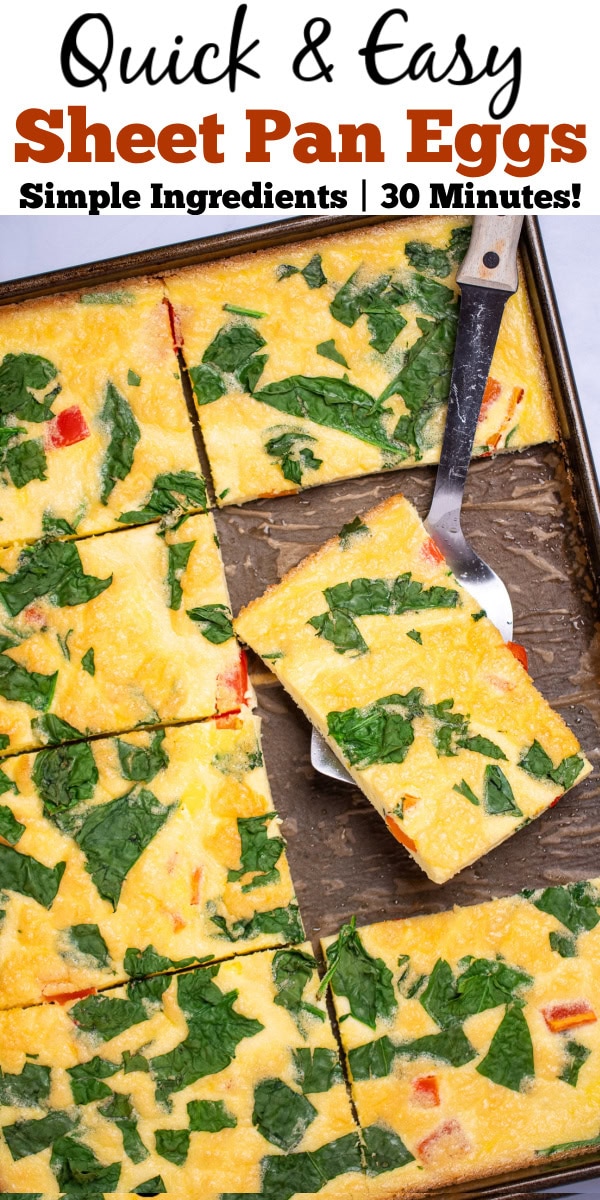 Pinterest pin with a sheet pan with fully cooked eggs with spinach and bell pepper, cut into pieces, with a spatula holding a piece and resting on the sheet pan.