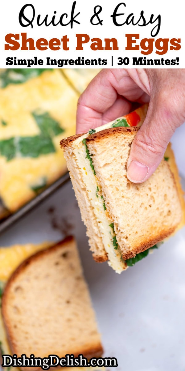 Pinterest pin with a piece of sheet pan eggs in a breakfast sandwich, with half being held by a hand.