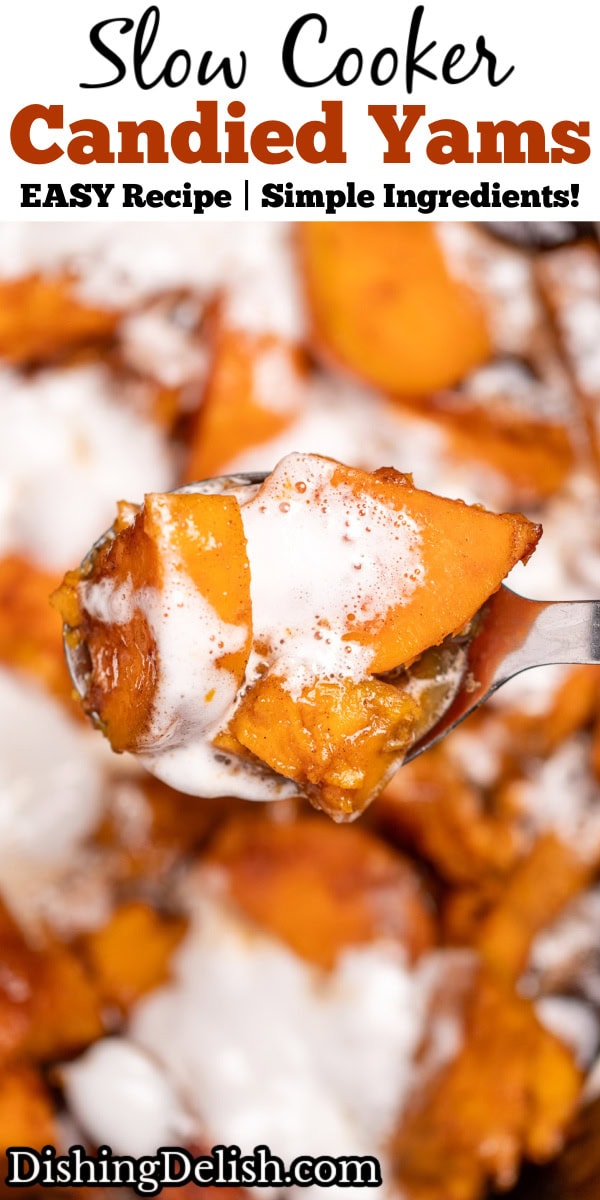Pinterest pin with a slow cooker with candied sweet potatoes sitting in a sugar sauce with melted marshmallows on top, and a spoon lifting some up.