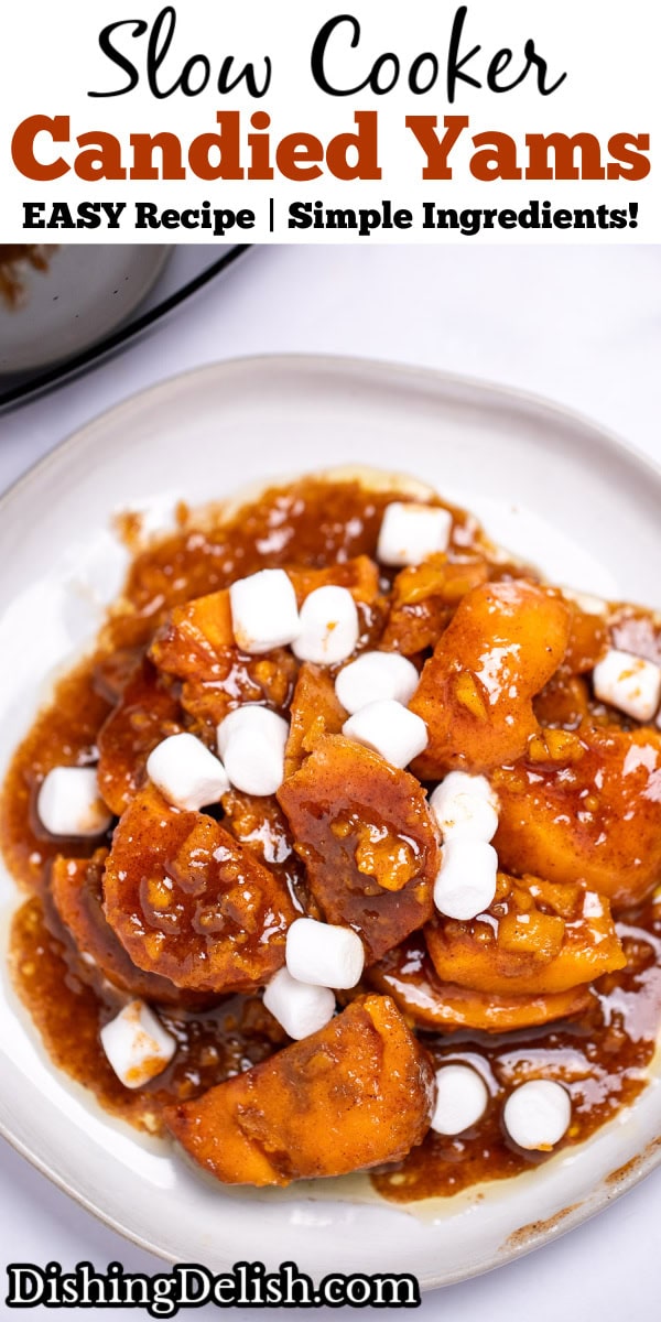 Pinterest pin with a plate of candied sweet potatoes sitting in a sugar sauce with mini marshmallows on top.