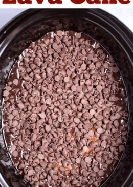 Pinterest pin with a slow cooker of chocolate cake batter and chocolate pudding topped with chocolate chips.