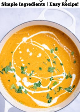 Pinterest pin with a dutch oven with creamy sweet potato soup topped with a drizzle of cream and chopped fresh cilantro, on a table.