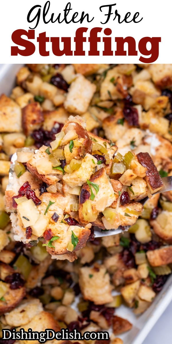 Pinterest pin with a spatula lifting gluten free stuffing out of a baking dish.