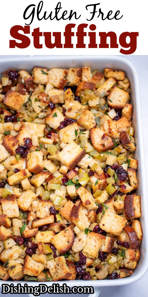 Pinterest pin with a baking dish full of gluten free stuffing on a table.