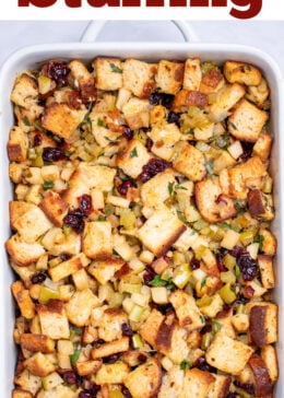 Pinterest pin with a baking dish full of gluten free stuffing on a table.