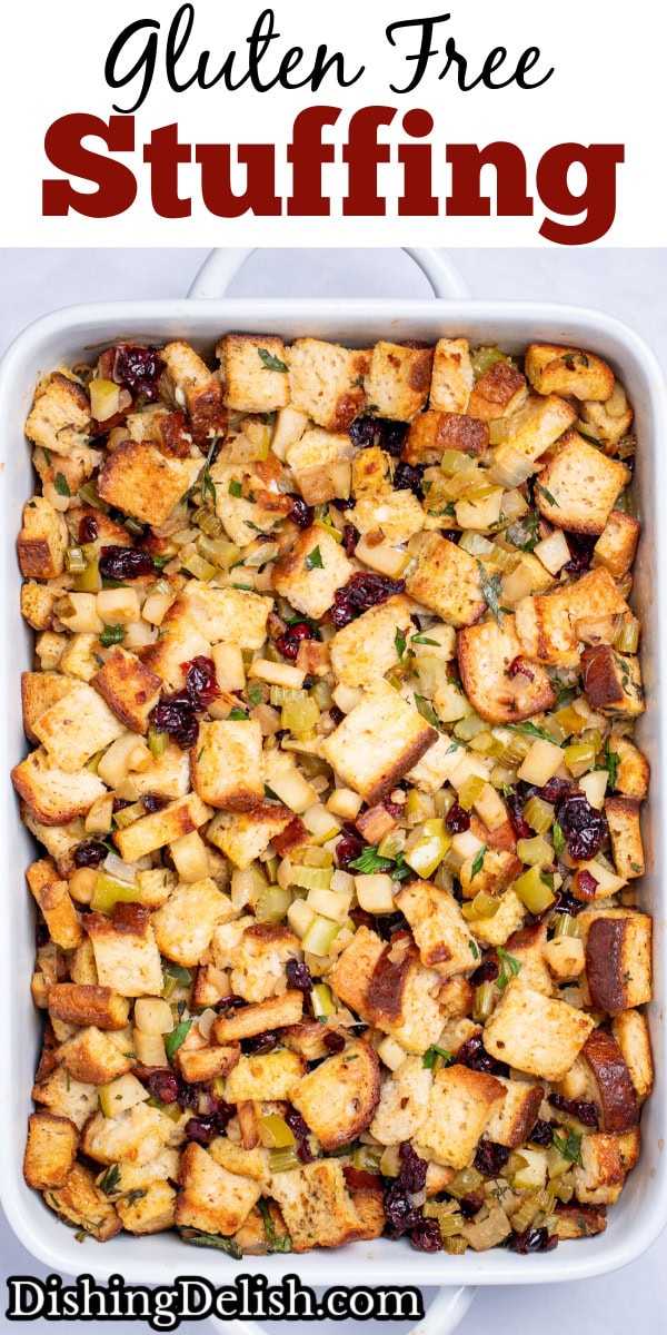 Pinterest pin with a baking dish full of gluten free stuffing on a table.