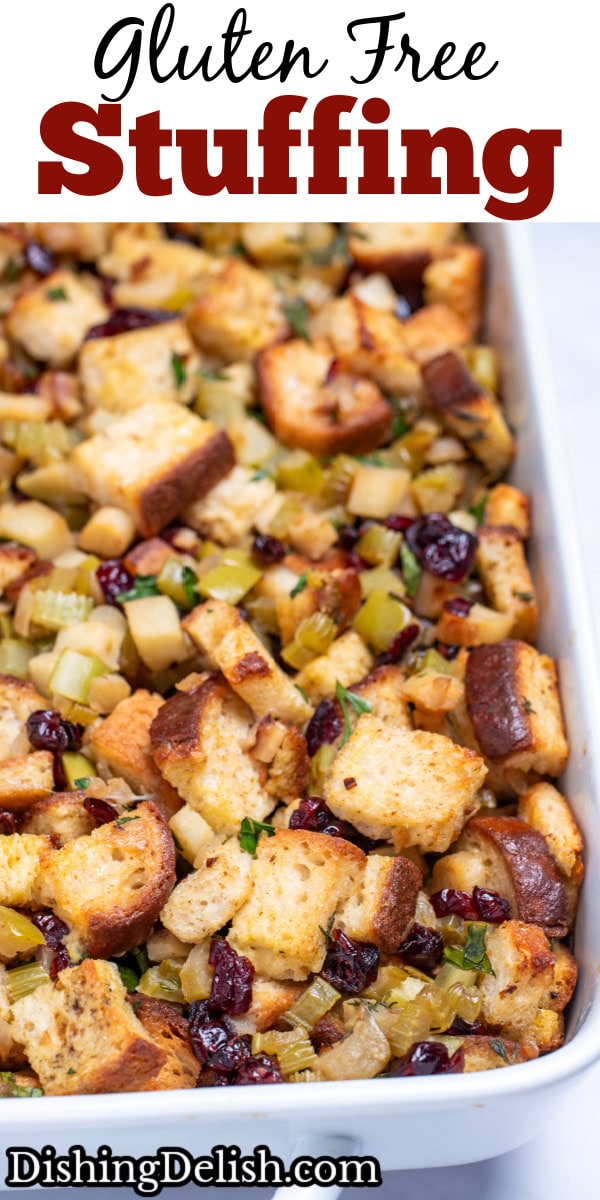 Pinterest pin with a baking dish full of gluten free stuffing on a table.