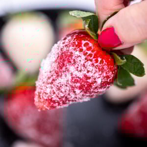 A hand holding a sugar coated champagne strawberry over a bowl of strawberries.