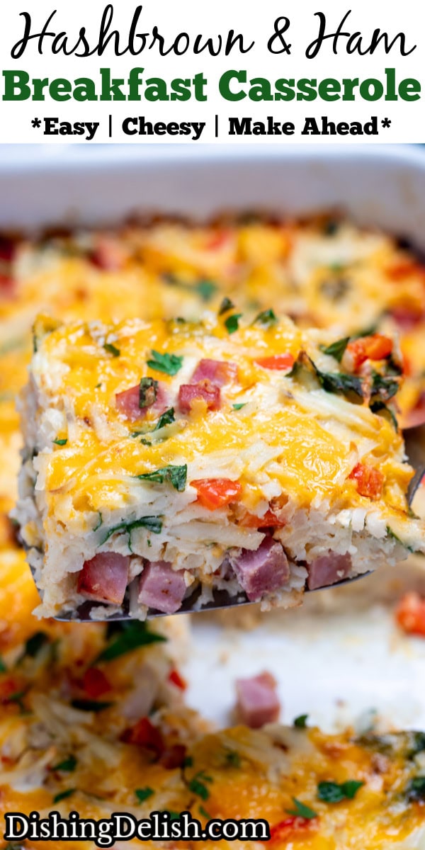 Pinterest pin with a casserole dish with hashbrown breakfast casserole topped with melted cheese and fresh parsley, with a spatula lifting a piece up.