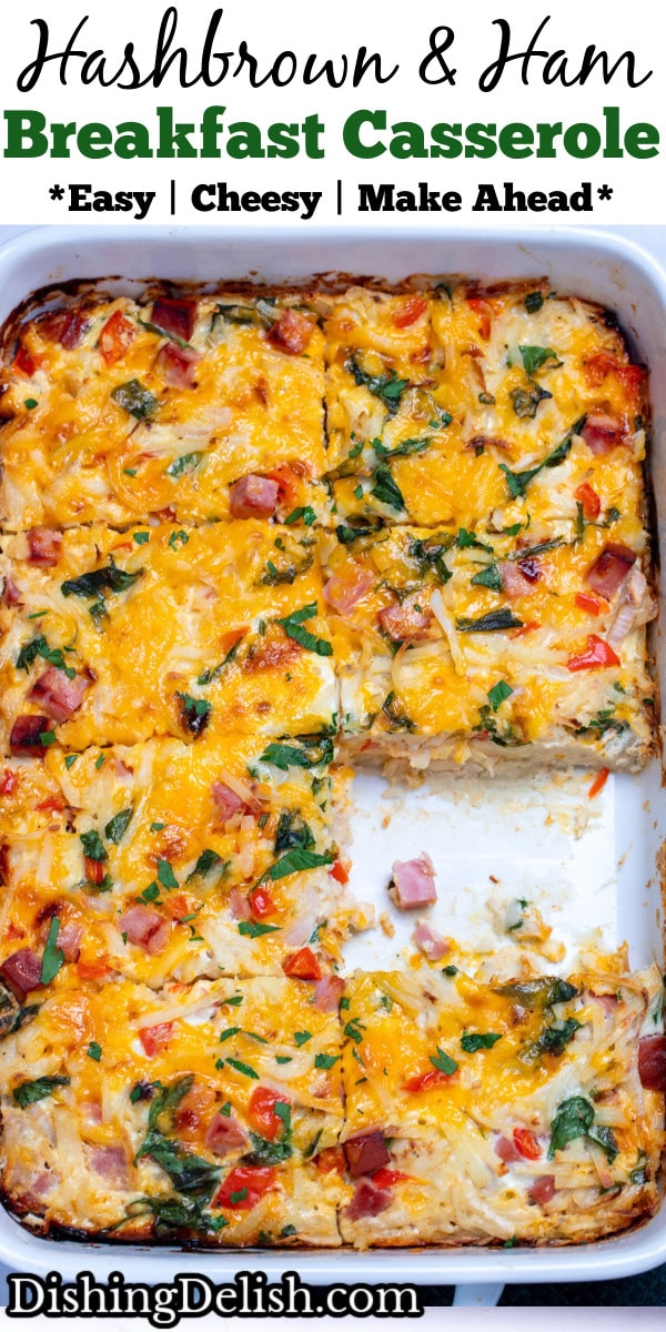 Pinterest pin with a casserole dish with hashbrown breakfast casserole topped with melted cheese and fresh parsley, with a piece missing.