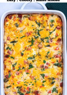 Pinterest pin with a casserole dish with hashbrown breakfast casserole topped with melted cheese and fresh parsley.