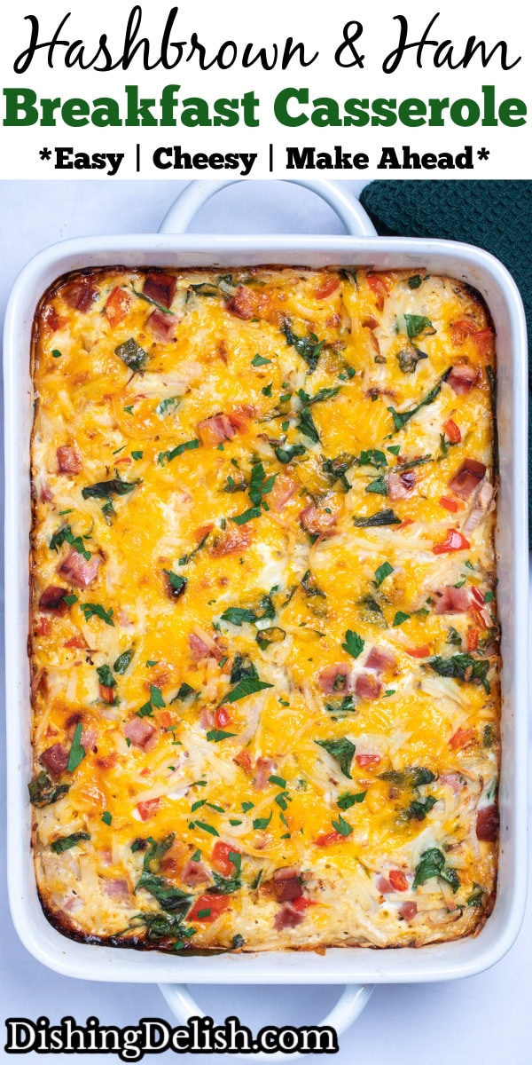Pinterest pin with a casserole dish with hashbrown breakfast casserole topped with melted cheese and fresh parsley.
