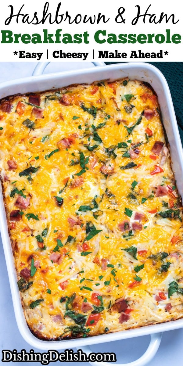 Pinterest pin with a casserole dish with hashbrown breakfast casserole topped with melted cheese and fresh parsley.
