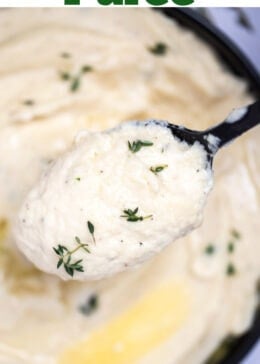 Pinterest pin with a bowl of parsnip puree topped with butter and thyme, next to fresh thyme on a table, and a spoon lifting some up.
