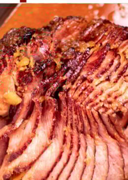 Pinterest pin with a spiral ham with a pineapple glaze with a caramelized top on a roasting pan with juices.