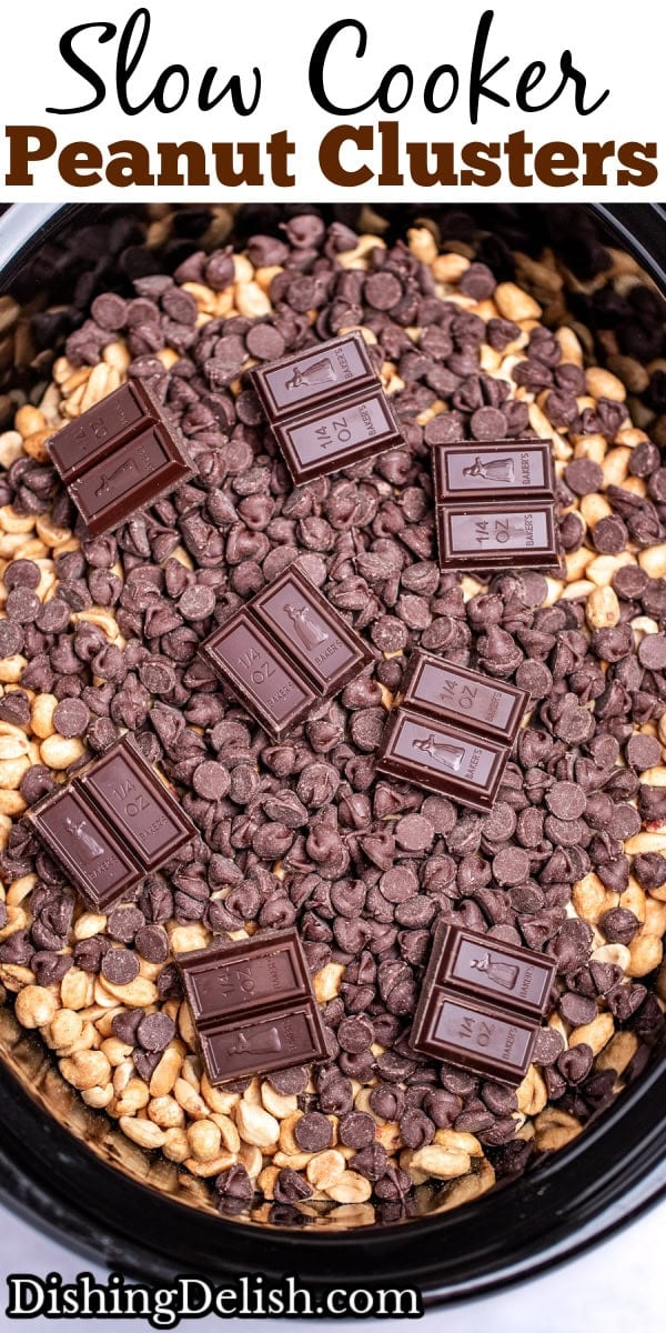 Pinterest pin with a slow cooker with peanuts topped with chocolate chips and german's chocolate before being cooked.