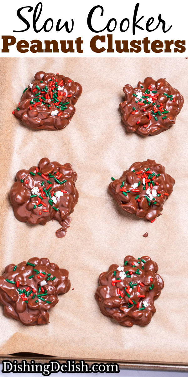 Pinterest pin with a sheet pan of chocolate peanut clusters topped with sprinkles before they set.