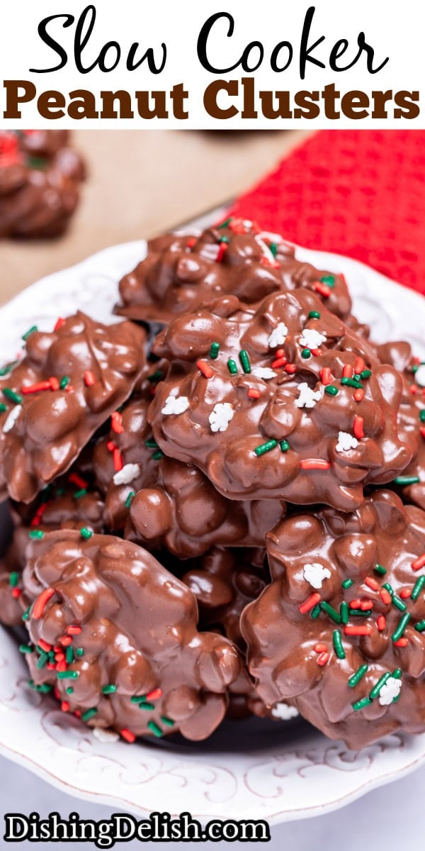 Pinterest pin with a bowl of chocolate peanut clusters topped with sprinkles.