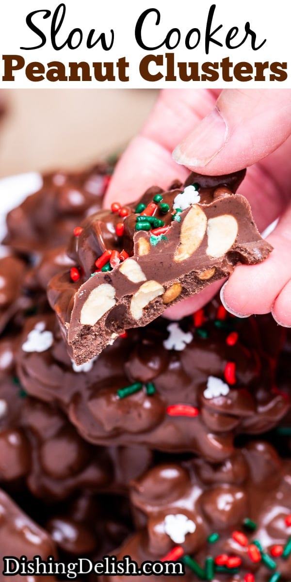 Pinterest pin with a bowl with chocolate peanut clusters topped with sprinkles, and a hand holding one cut in half.