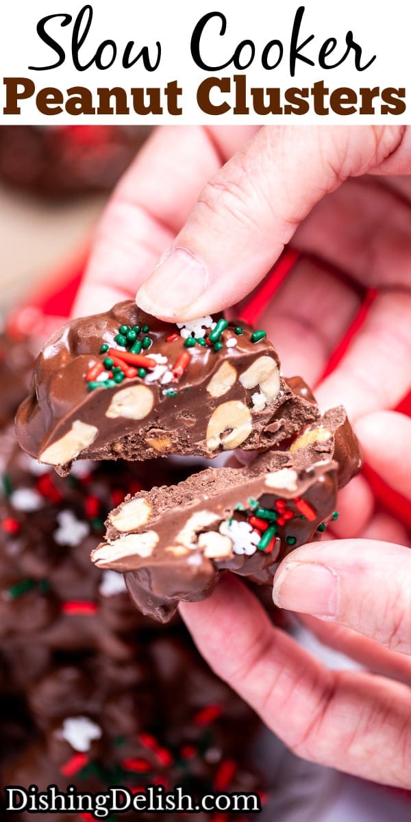 Pinterest pin with a hand holding a chocolate peanut cluster cut in half.