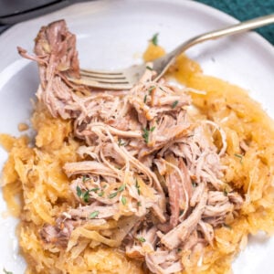 A plate with shredded pork shoulder over sauerkraut with a fork resting on a plate, in front of a slow cooker.