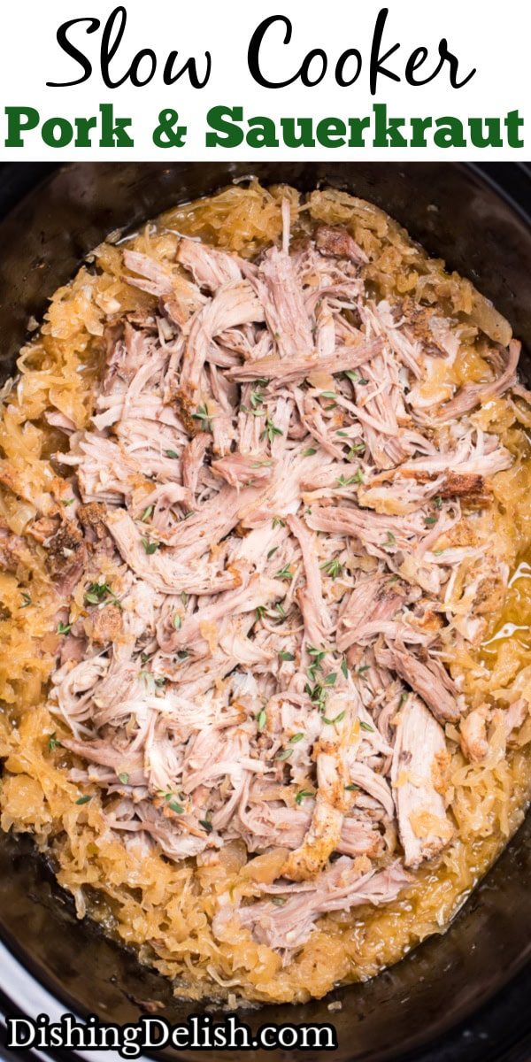 Pinterest pin with a slow cooker with cooked shredded bone-in pork shoulder surrounded by sauerkraut and juices.