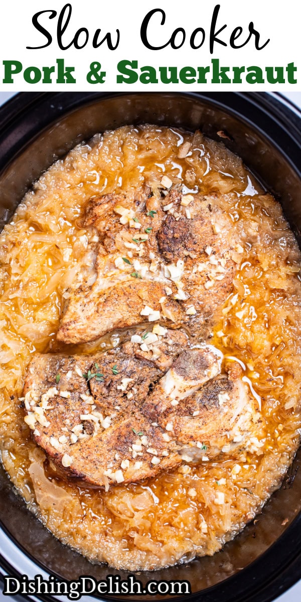 Pinterest pin with a slow cooker with cooked bone-in pork shoulder surrounded by sauerkraut and juices.