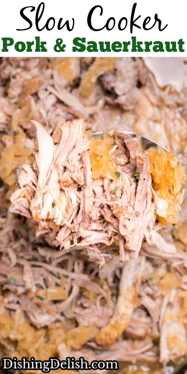 Pinterest pin with a spoon lifting up shredded pork shoulder and sauerkraut from a slow cooker.