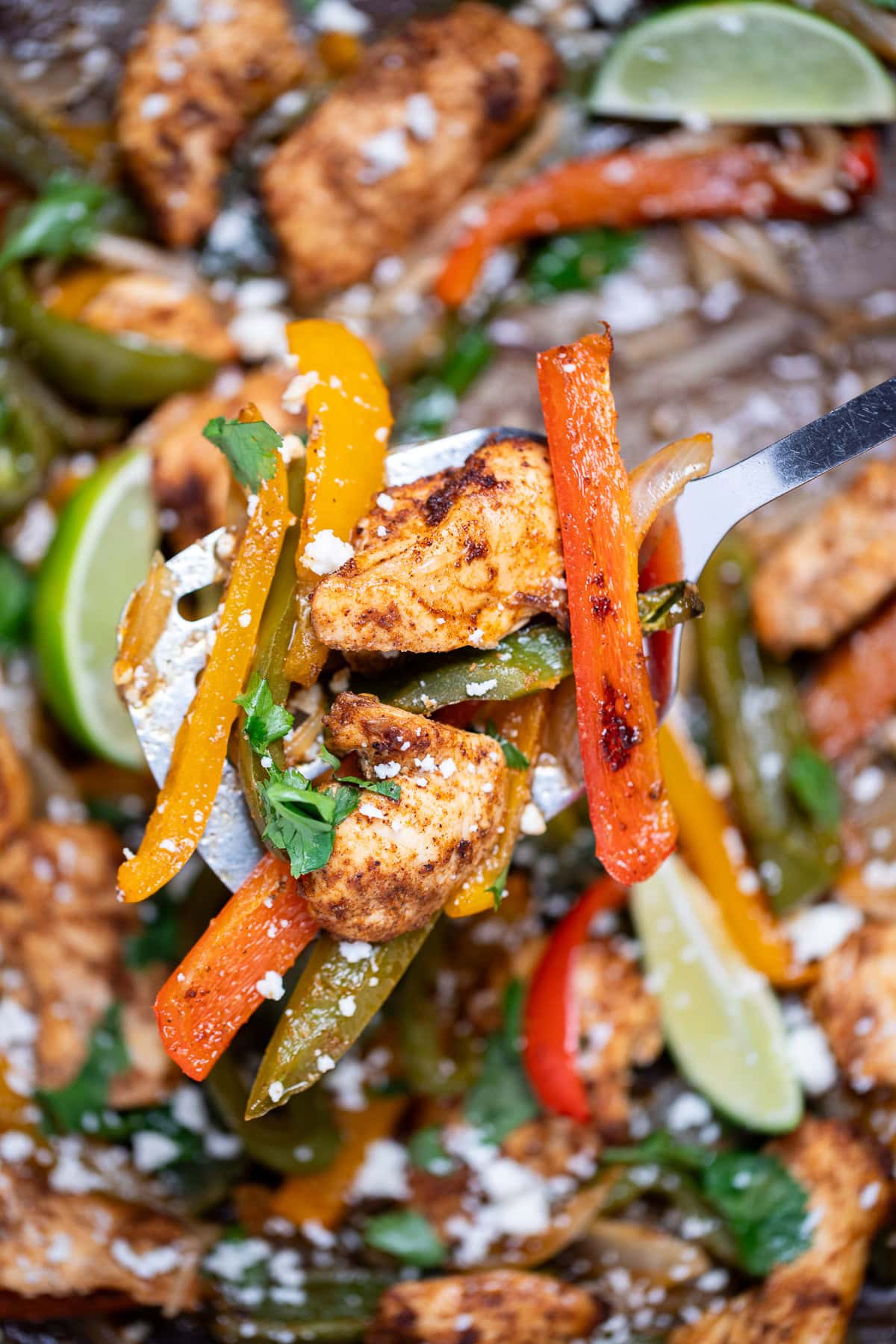 A sheet pan lined with parchment paper with cooked chicken and peppers topped with fresh cilantro, with a spatula lifting some up.