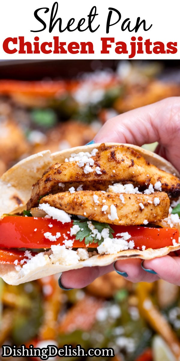 Pinterest pin with a hand holding a corn tortilla with fajita chicken, bell peppers, and cheese.