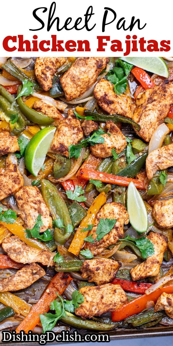 Pinterest pin with a sheet pan lined with parchment paper with cooked chicken and peppers topped with fresh cilantro.